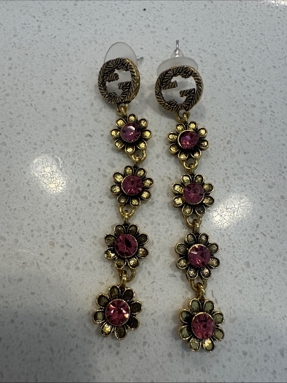 Gold-Tone Daisy Chain Drop Earrings with Pink Stones